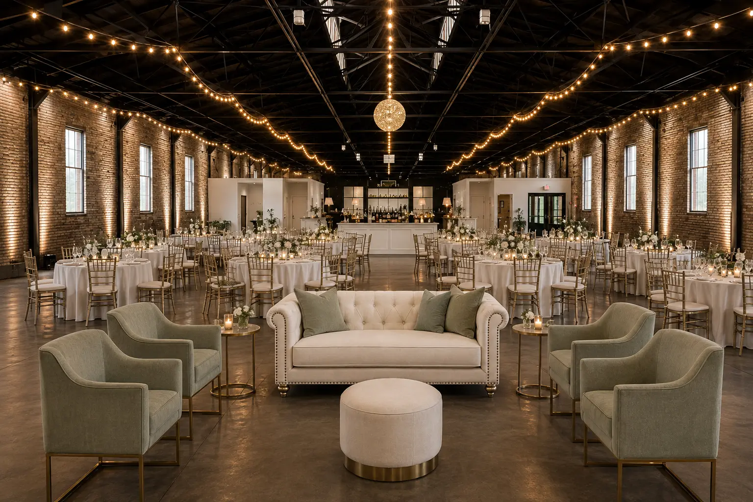 Trolley Hall set for a wedding reception with lounge seating beneath cafe string lights