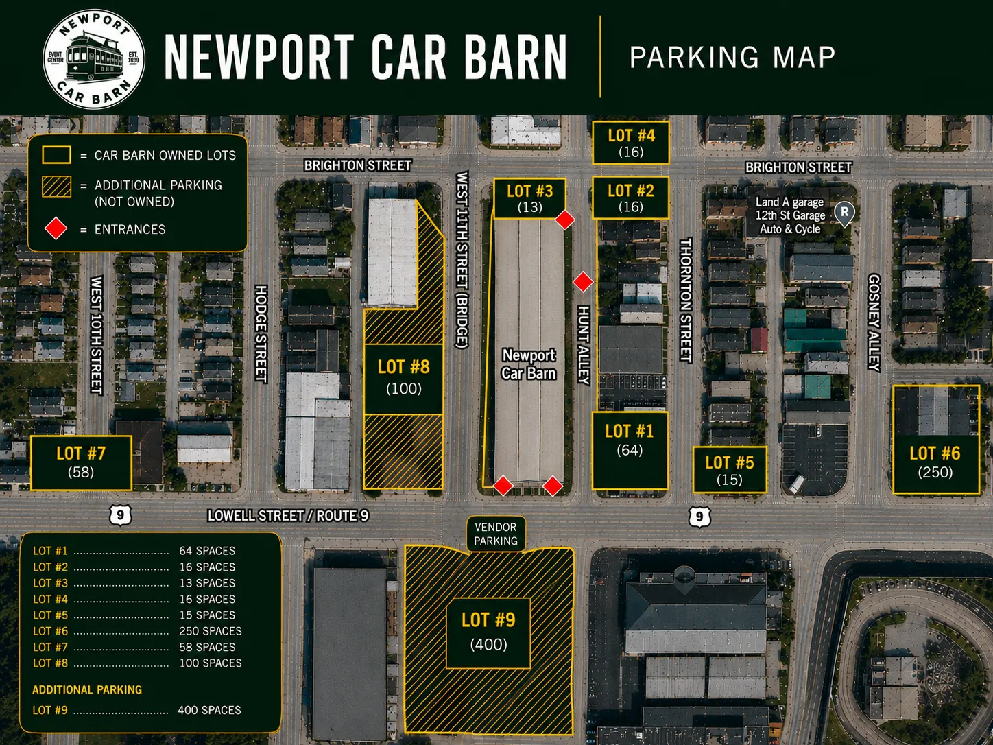 Site map of Newport Car Barn showing the building, four entrances, garage door load-in, and the parking lot